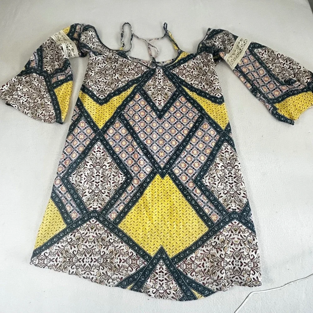 Xhilaration Womens Boho Cold Shoulder Bell Sleeve Patchwork Mini Dress Yellow S - Picture 1 of 11